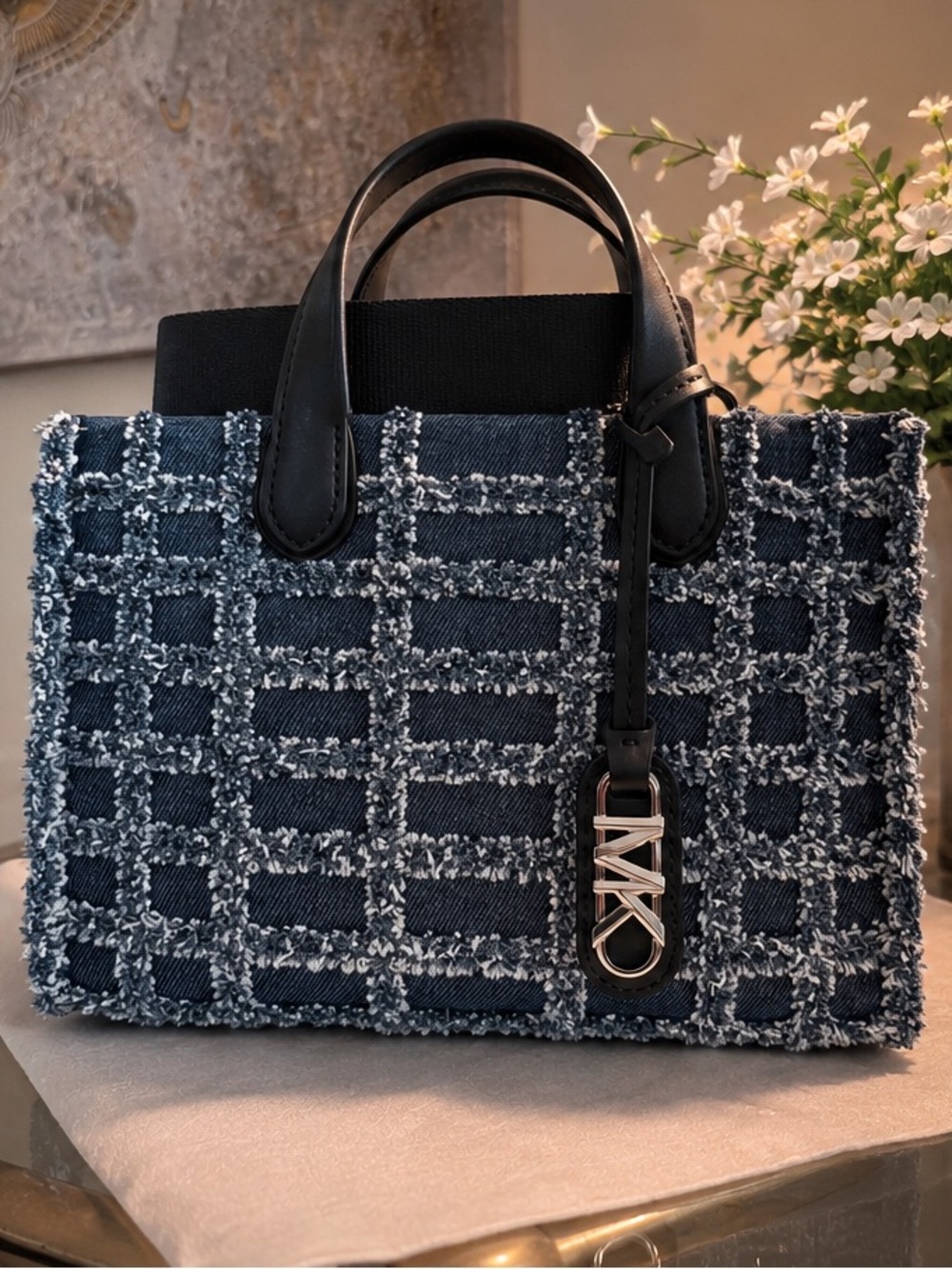Michael Kors Navy Blue Tweed Denim Tote with MK Charm